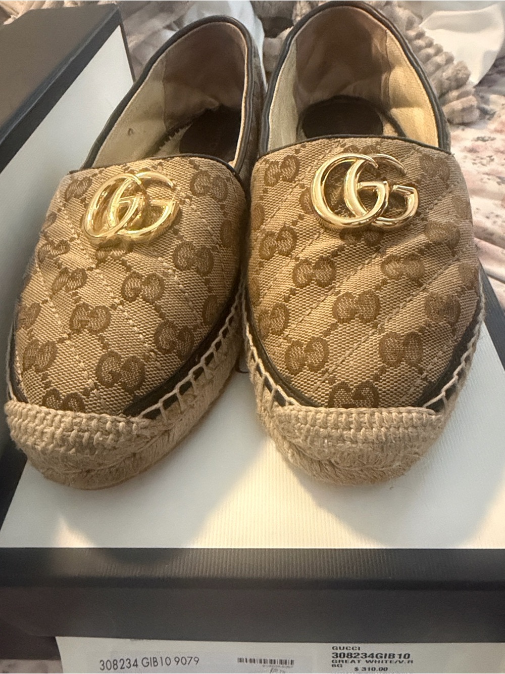 Gucci Beige Brown GG Canvas Espadrille Flats with Gold Double G